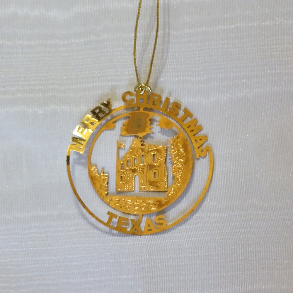 Merry Christmas Texas Alamo Dangle Gold Toned Cut 3D Punched Metal Ornament